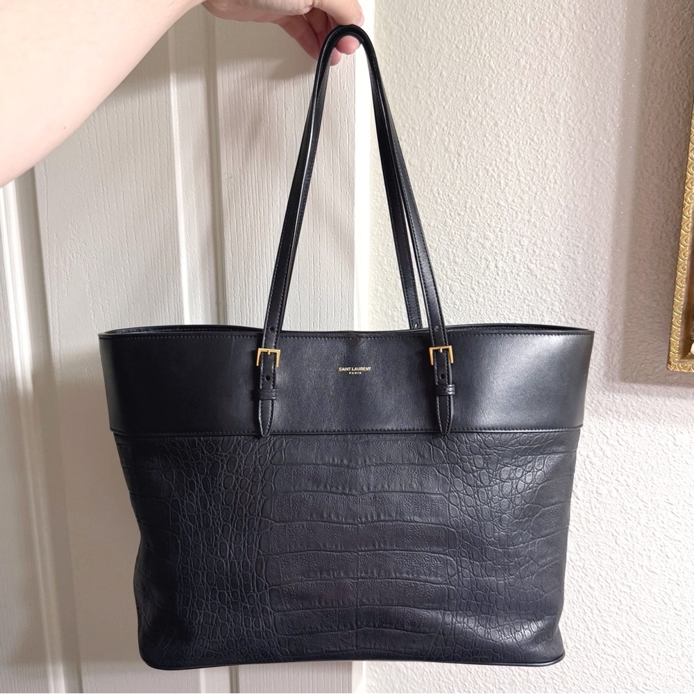 SAINT LAURENT Large Black Croc-Effect Leather Shopping Tote / Shoulder Bag - Picture 2 of 12